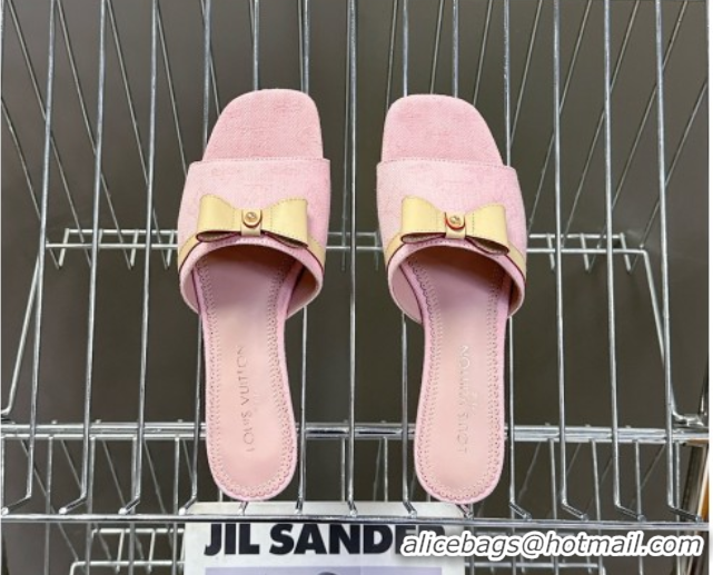 Buy Fashionable Louis Vuitton LV x TM Neo 6AM Flat Slides Sandal in Cherry Blossoms Print Denim with Bow Light Pink 0422