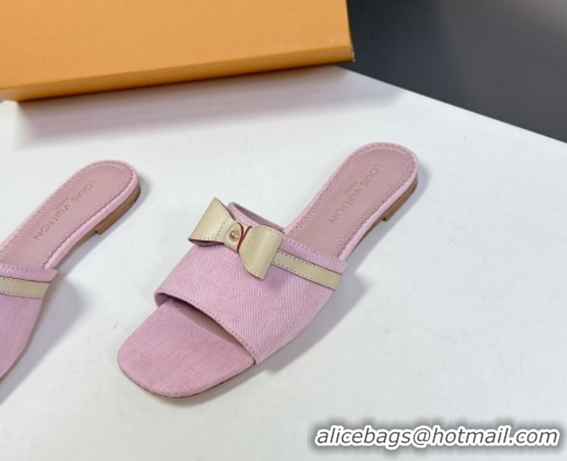 Buy Fashionable Louis Vuitton LV x TM Neo 6AM Flat Slides Sandal in Cherry Blossoms Print Denim with Bow Light Pink 0422