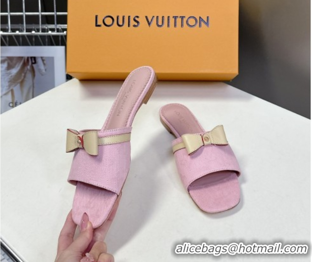 Buy Fashionable Louis Vuitton LV x TM Neo 6AM Flat Slides Sandal in Cherry Blossoms Print Denim with Bow Light Pink 0422