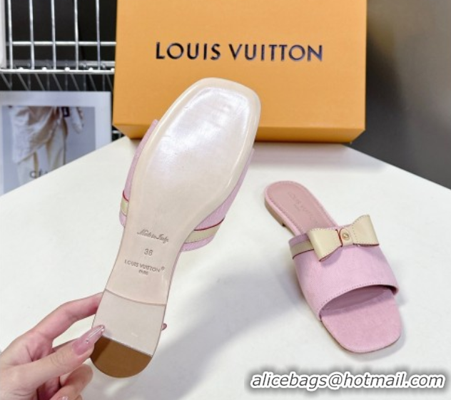 Buy Fashionable Louis Vuitton LV x TM Neo 6AM Flat Slides Sandal in Cherry Blossoms Print Denim with Bow Light Pink 0422