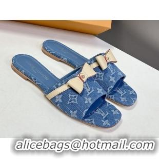 Low Price Louis Vuitton LV x TM Neo 6AM Flat Slides Sandal in Cherry Blossoms Print Denim with Bow Blue 0422006