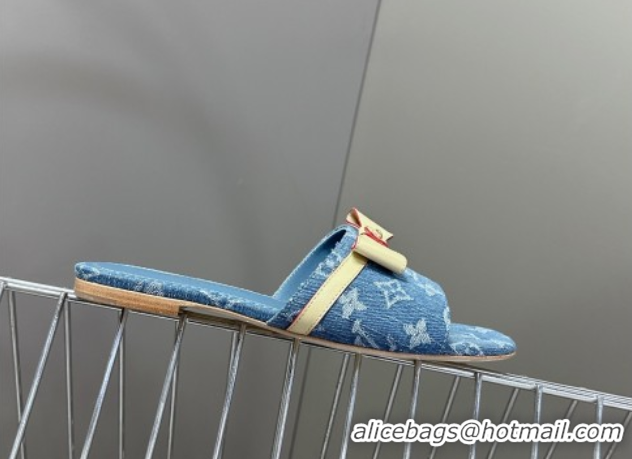 Low Price Louis Vuitton LV x TM Neo 6AM Flat Slides Sandal in Cherry Blossoms Print Denim with Bow Blue 0422006