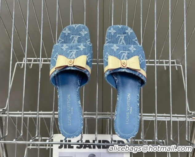 Low Price Louis Vuitton LV x TM Neo 6AM Flat Slides Sandal in Cherry Blossoms Print Denim with Bow Blue 0422006