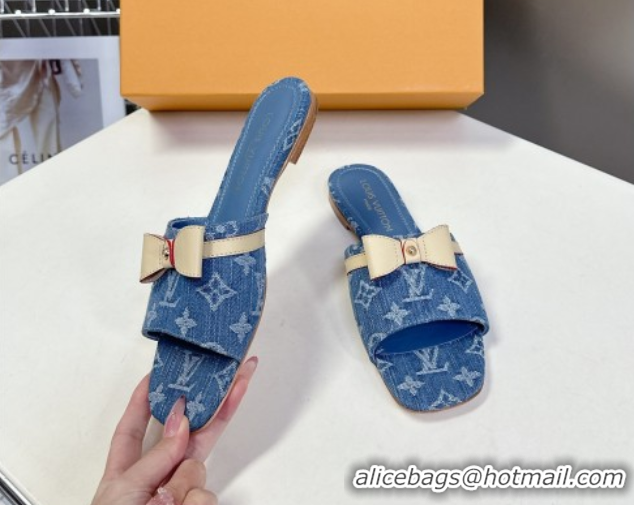 Low Price Louis Vuitton LV x TM Neo 6AM Flat Slides Sandal in Cherry Blossoms Print Denim with Bow Blue 0422006