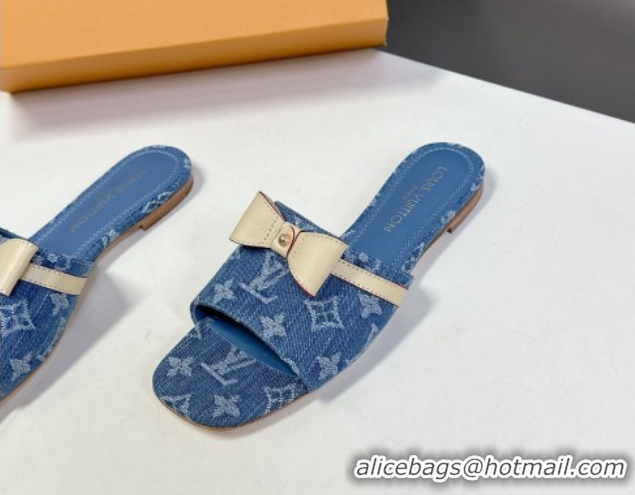 Low Price Louis Vuitton LV x TM Neo 6AM Flat Slides Sandal in Cherry Blossoms Print Denim with Bow Blue 0422006
