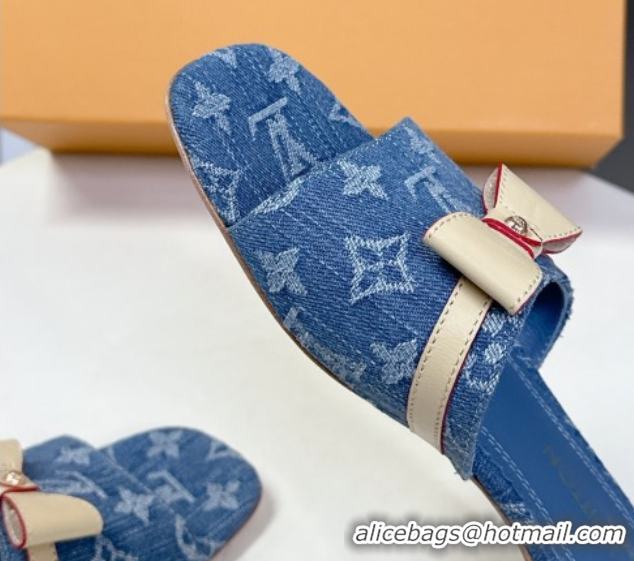 Low Price Louis Vuitton LV x TM Neo 6AM Flat Slides Sandal in Cherry Blossoms Print Denim with Bow Blue 0422006