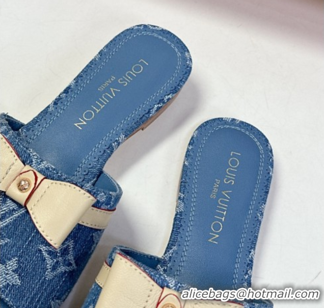 Low Price Louis Vuitton LV x TM Neo 6AM Flat Slides Sandal in Cherry Blossoms Print Denim with Bow Blue 0422006