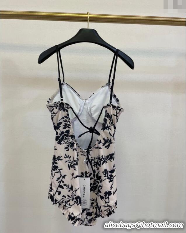 Luxury Cheap Chanel Printed One-Piece Swimwear 0313 White/Black 2025