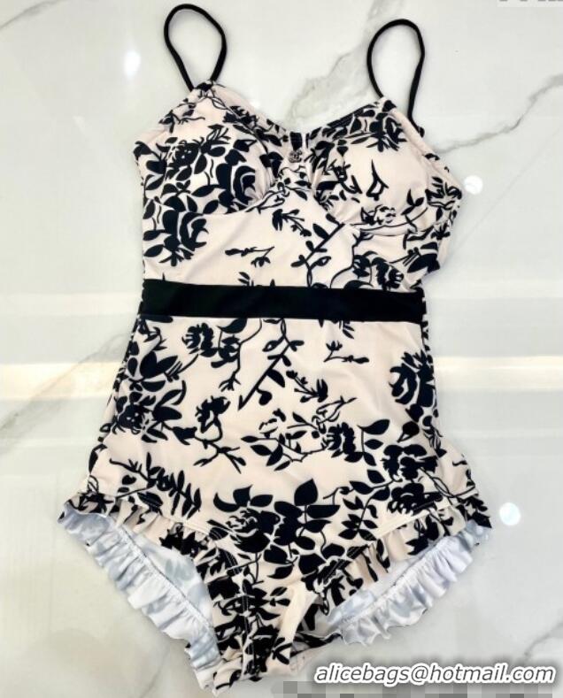 Luxury Cheap Chanel Printed One-Piece Swimwear 0313 White/Black 2025