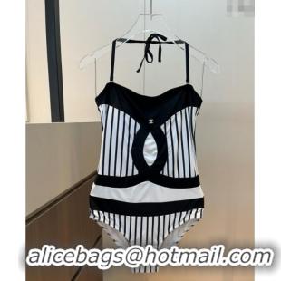 Top Grade Chanel One-Piece Swimwear with Stripes 0313 White/Black 2025