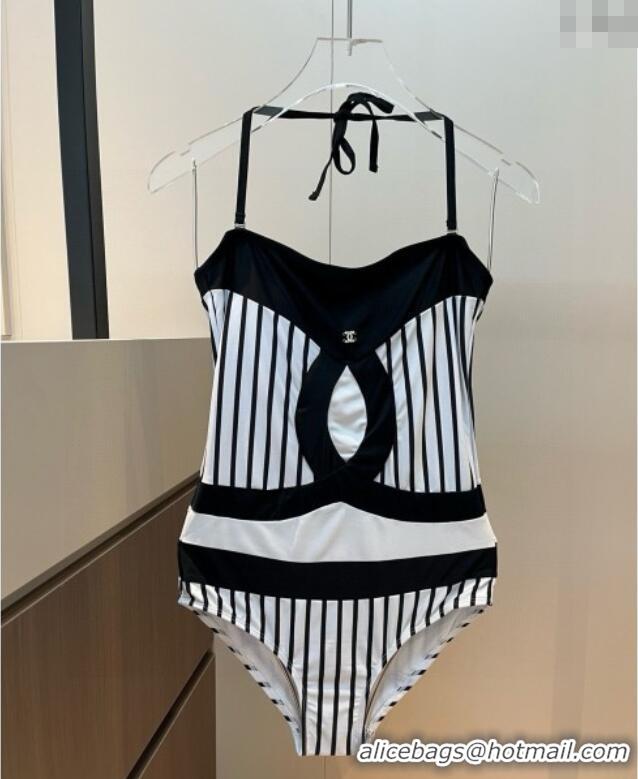 Top Grade Chanel One-Piece Swimwear with Stripes 0313 White/Black 2025