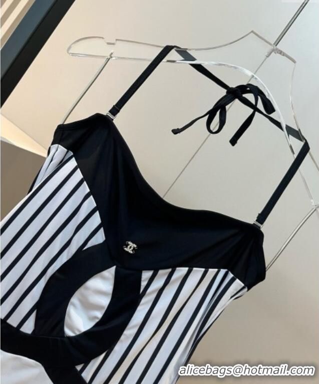 Top Grade Chanel One-Piece Swimwear with Stripes 0313 White/Black 2025