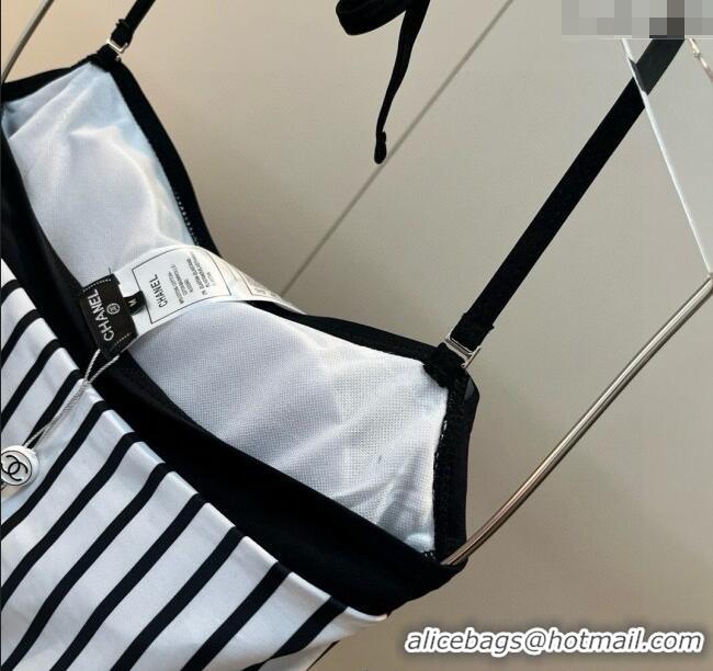 Top Grade Chanel One-Piece Swimwear with Stripes 0313 White/Black 2025