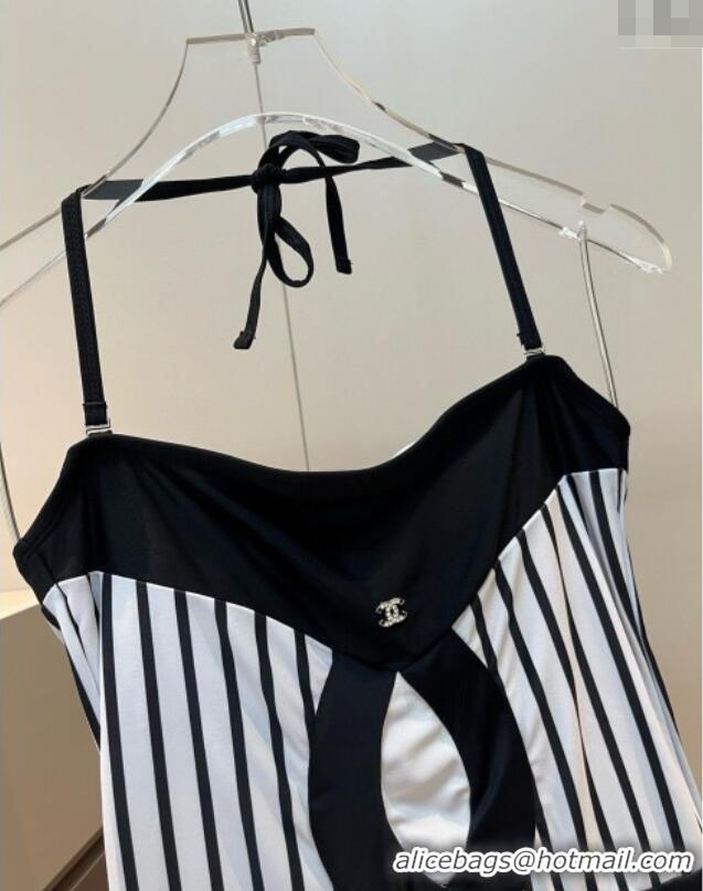 Top Grade Chanel One-Piece Swimwear with Stripes 0313 White/Black 2025