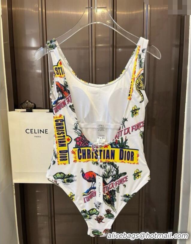 Luxury Cheap Dior Animal Print One-Piece Swimwear 0313 White 2025