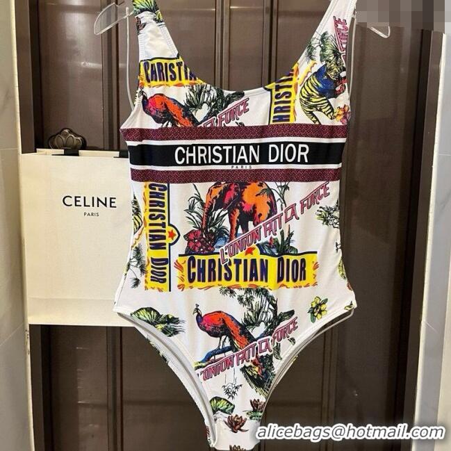 Luxury Cheap Dior Animal Print One-Piece Swimwear 0313 White 2025