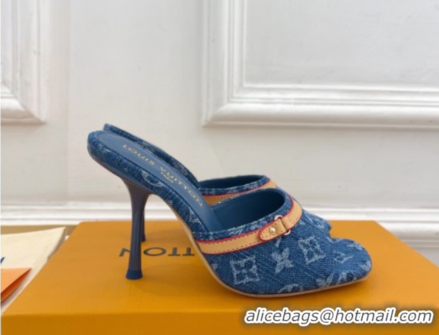 Duplicate Louis Vuitton 6AM Heel Slides Sandal 10cm in Monogram Denim Blue 2025 1ADIGZ 0422011