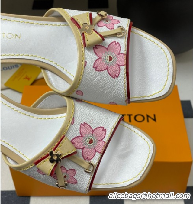 Durable Louis Vuitton LV x TM Heel Slides Sandal 3cm in Cherry Bloom Print Leather White 0422029