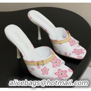 Best Grade Louis Vuitton LV x TM 6AM Heel Slides Sandal 9cm in Cherry Bloom Print Leather White 1ADIGZ