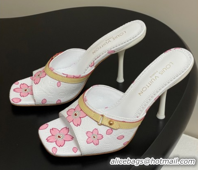 Best Grade Louis Vuitton LV x TM 6AM Heel Slides Sandal 9cm in Cherry Bloom Print Leather White 1ADIGZ