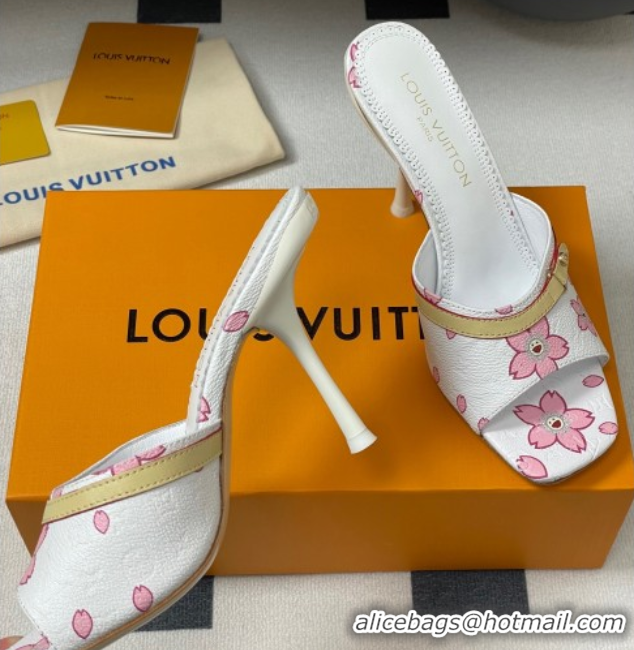 Best Grade Louis Vuitton LV x TM 6AM Heel Slides Sandal 9cm in Cherry Bloom Print Leather White 1ADIGZ