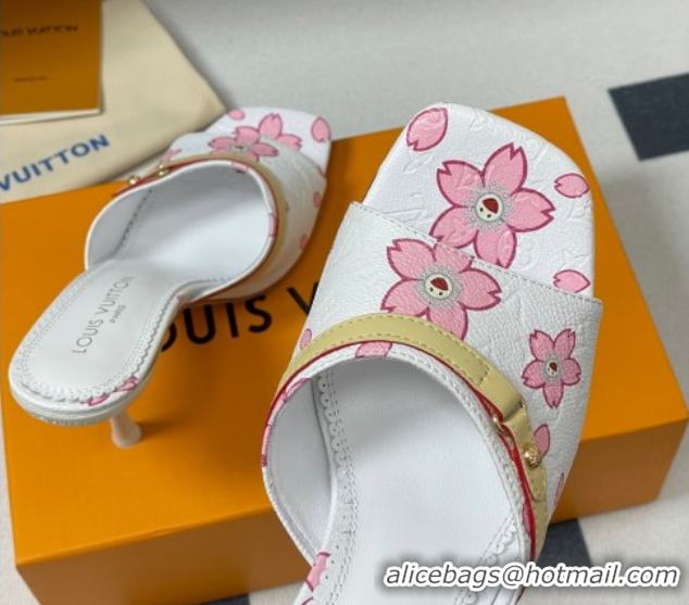 Best Grade Louis Vuitton LV x TM 6AM Heel Slides Sandal 9cm in Cherry Bloom Print Leather White 1ADIGZ
