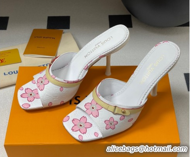 Best Grade Louis Vuitton LV x TM 6AM Heel Slides Sandal 9cm in Cherry Bloom Print Leather White 1ADIGZ