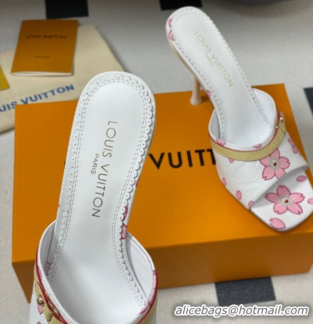 Best Grade Louis Vuitton LV x TM 6AM Heel Slides Sandal 9cm in Cherry Bloom Print Leather White 1ADIGZ