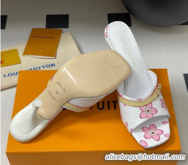 Best Grade Louis Vuitton LV x TM 6AM Heel Slides Sandal 9cm in Cherry Bloom Print Leather White 1ADIGZ