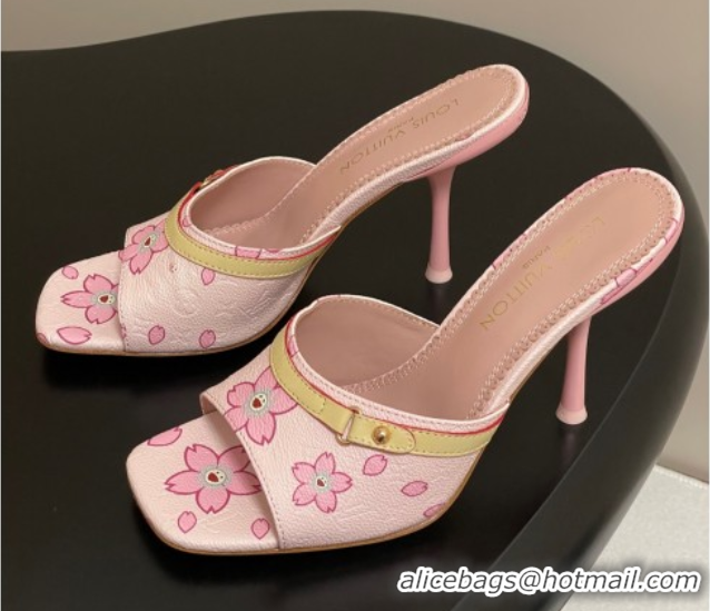 Cheap Price Louis Vuitton LV x TM 6AM Heel Slides Sandal 9cm in Cherry Bloom Print Leather Pink 1ADIGZ
