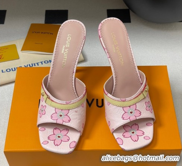 Cheap Price Louis Vuitton LV x TM 6AM Heel Slides Sandal 9cm in Cherry Bloom Print Leather Pink 1ADIGZ