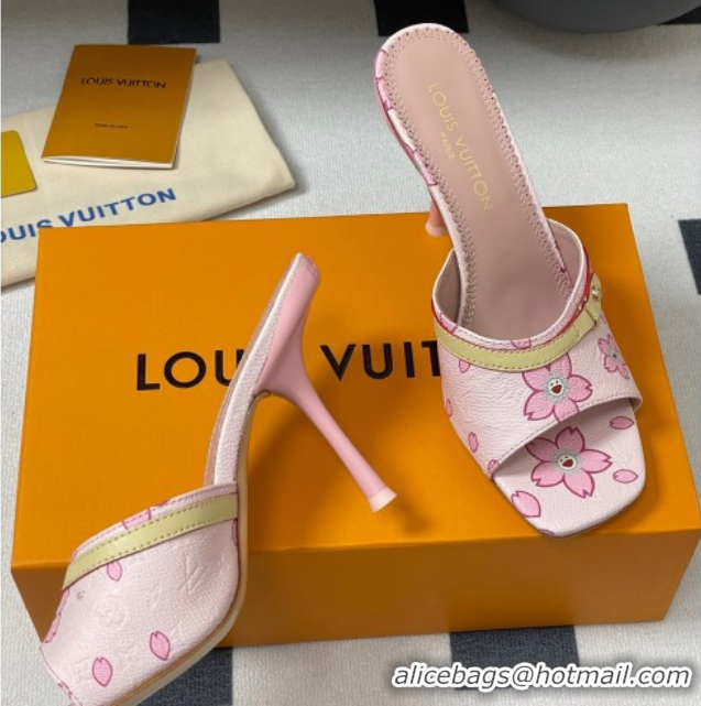 Cheap Price Louis Vuitton LV x TM 6AM Heel Slides Sandal 9cm in Cherry Bloom Print Leather Pink 1ADIGZ