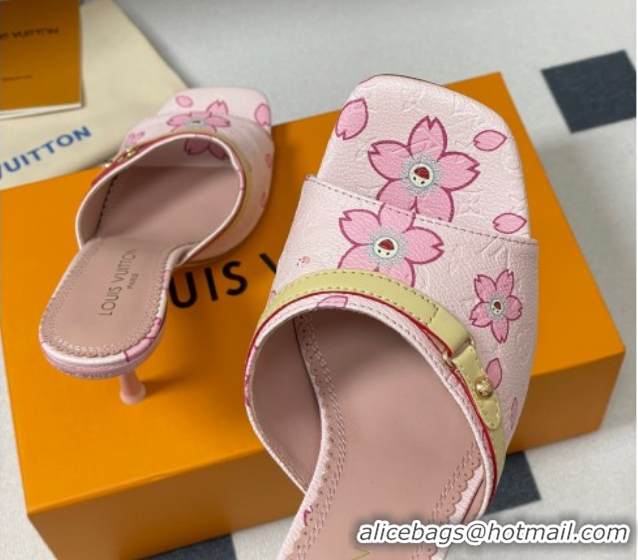 Cheap Price Louis Vuitton LV x TM 6AM Heel Slides Sandal 9cm in Cherry Bloom Print Leather Pink 1ADIGZ