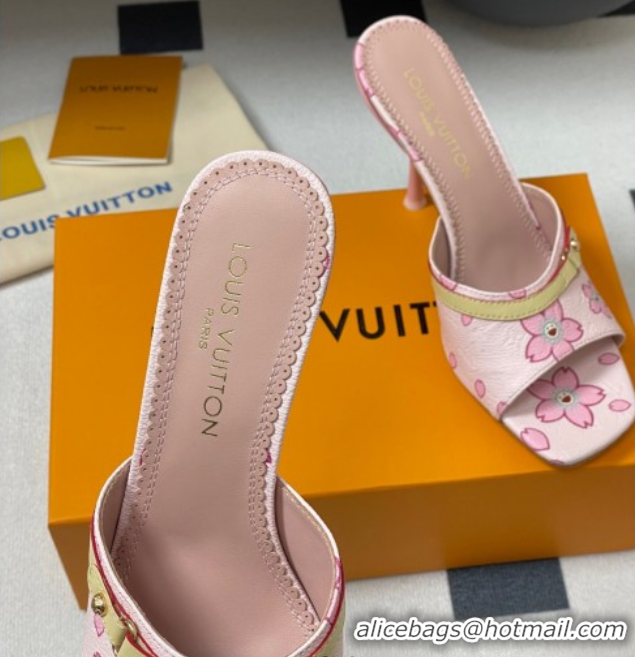 Cheap Price Louis Vuitton LV x TM 6AM Heel Slides Sandal 9cm in Cherry Bloom Print Leather Pink 1ADIGZ