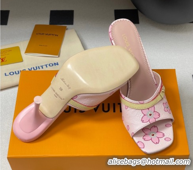 Cheap Price Louis Vuitton LV x TM 6AM Heel Slides Sandal 9cm in Cherry Bloom Print Leather Pink 1ADIGZ
