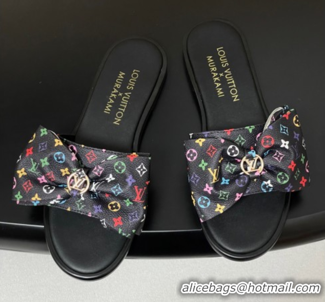 Low Price Louis Vuitton LV x TM Lily Flat Slides Sandal with Bow in Monogram Canvas Black/Multicolor 1AGVYB