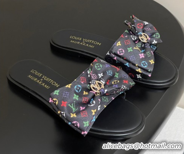 Low Price Louis Vuitton LV x TM Lily Flat Slides Sandal with Bow in Monogram Canvas Black/Multicolor 1AGVYB