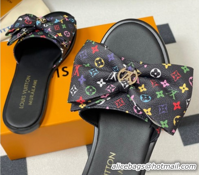 Low Price Louis Vuitton LV x TM Lily Flat Slides Sandal with Bow in Monogram Canvas Black/Multicolor 1AGVYB