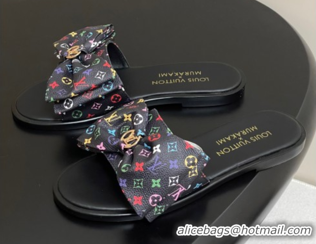 Low Price Louis Vuitton LV x TM Lily Flat Slides Sandal with Bow in Monogram Canvas Black/Multicolor 1AGVYB