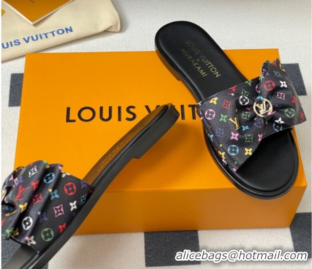 Low Price Louis Vuitton LV x TM Lily Flat Slides Sandal with Bow in Monogram Canvas Black/Multicolor 1AGVYB