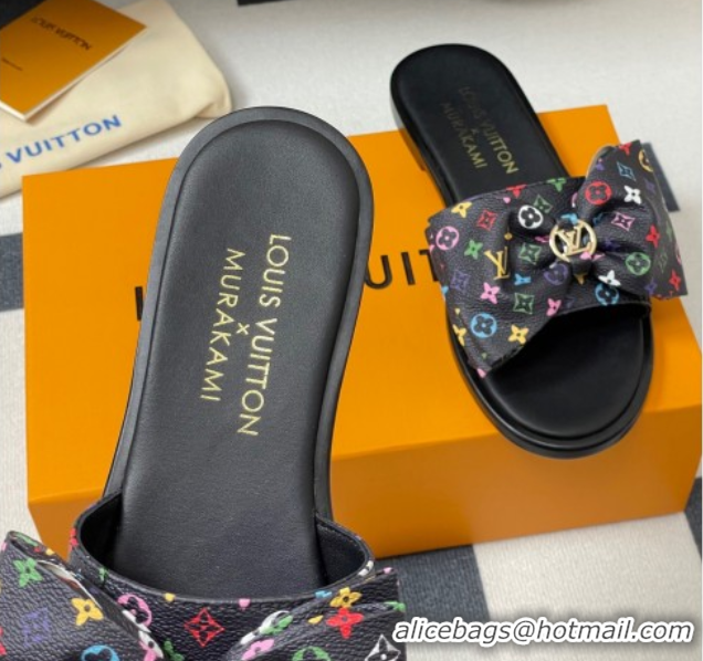 Low Price Louis Vuitton LV x TM Lily Flat Slides Sandal with Bow in Monogram Canvas Black/Multicolor 1AGVYB