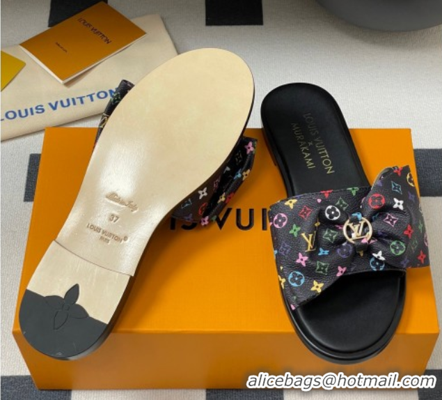 Low Price Louis Vuitton LV x TM Lily Flat Slides Sandal with Bow in Monogram Canvas Black/Multicolor 1AGVYB