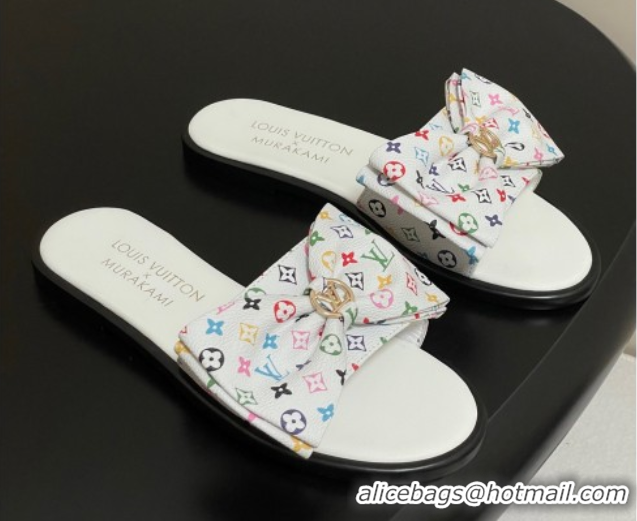 Lower Price Louis Vuitton LV x TM Lily Flat Slides Sandal with Bow in Monogram Canvas White/Multicolor 1AGVYB