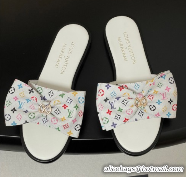 Lower Price Louis Vuitton LV x TM Lily Flat Slides Sandal with Bow in Monogram Canvas White/Multicolor 1AGVYB