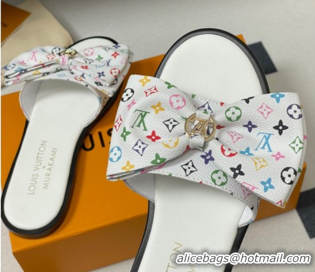 Lower Price Louis Vuitton LV x TM Lily Flat Slides Sandal with Bow in Monogram Canvas White/Multicolor 1AGVYB