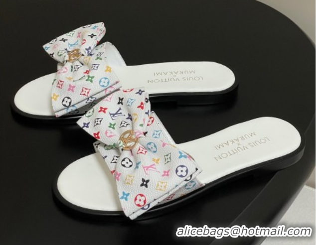 Lower Price Louis Vuitton LV x TM Lily Flat Slides Sandal with Bow in Monogram Canvas White/Multicolor 1AGVYB