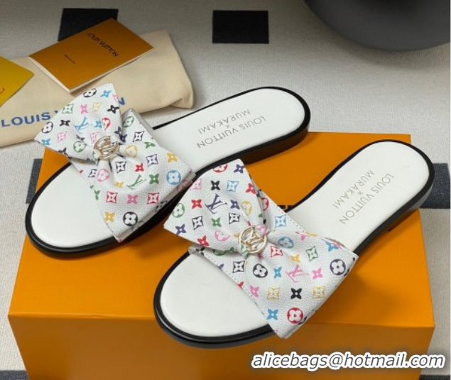 Lower Price Louis Vuitton LV x TM Lily Flat Slides Sandal with Bow in Monogram Canvas White/Multicolor 1AGVYB