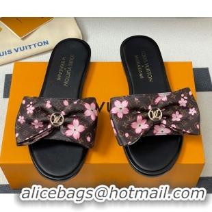 Shop Duplicate Louis Vuitton LV x TM Lily Flat Slides Sandal with Bow in Cherry Bloom Print Classic Monogram Canvas 1AGV