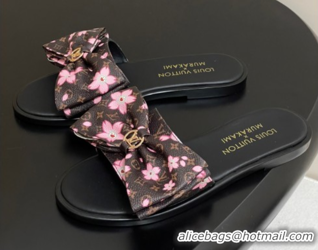 Shop Duplicate Louis Vuitton LV x TM Lily Flat Slides Sandal with Bow in Cherry Bloom Print Classic Monogram Canvas 1AGV
