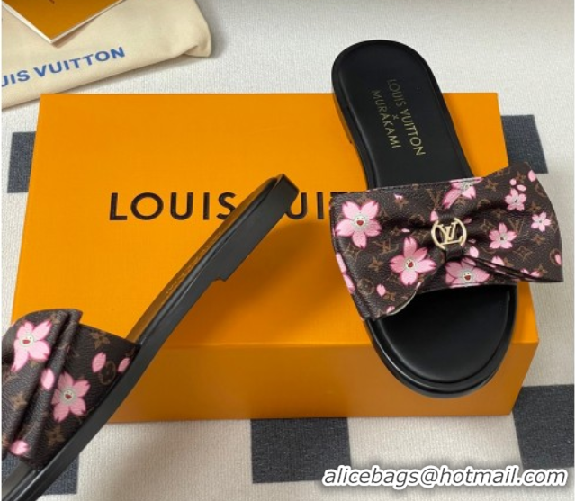 Shop Duplicate Louis Vuitton LV x TM Lily Flat Slides Sandal with Bow in Cherry Bloom Print Classic Monogram Canvas 1AGV